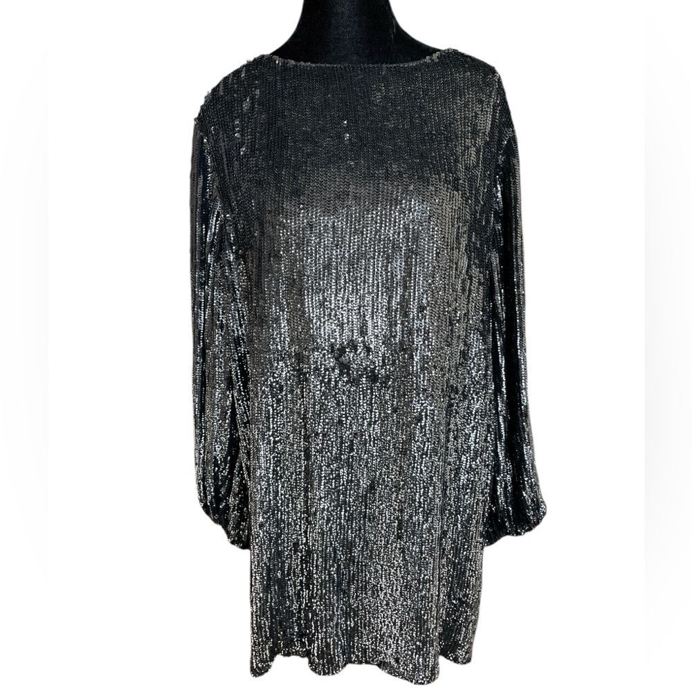 Retrofete Black Sequin Sheath Dress Size XS Bishop Sleeves Cocktail Party